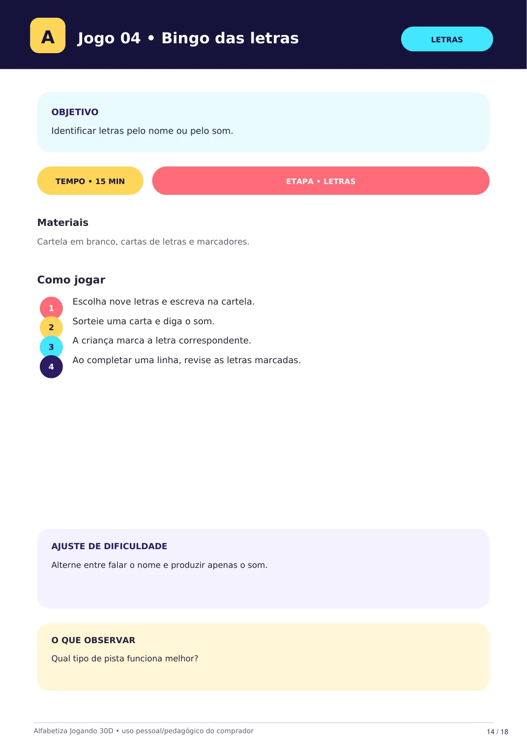 Prévia do jogo Bingo das letras